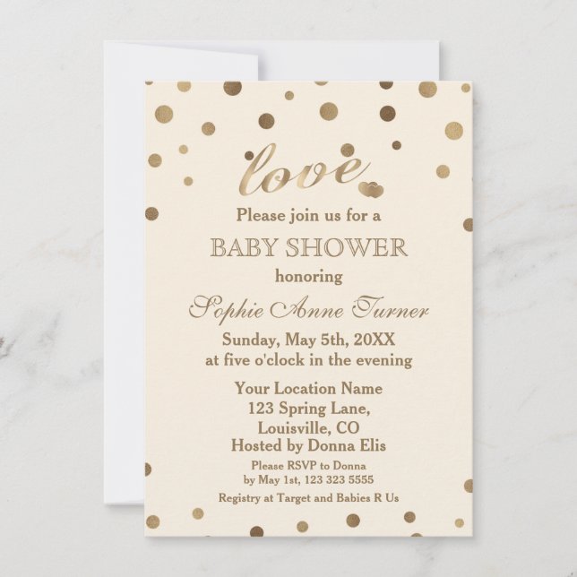 Chic Gold Confetti Liebe Champagne Baby Dusche Einladung (Vorderseite)