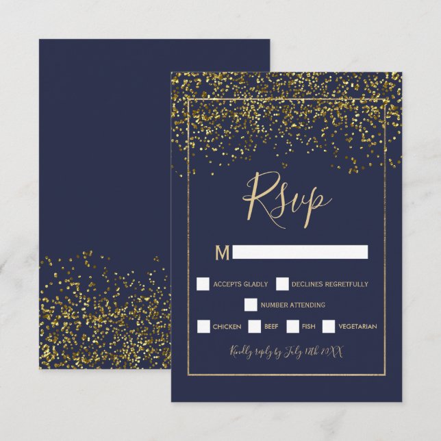 Chic gold confetti marineblaue Typografie uAwg RSVP Karte (Vorne/Hinten)