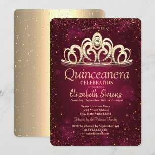 Chic Gold Confetti Tiara Burgundy Quinceañera Einladung