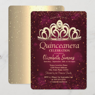 Chic Gold Confetti Tiara Burgundy Quinceañera Einladung
