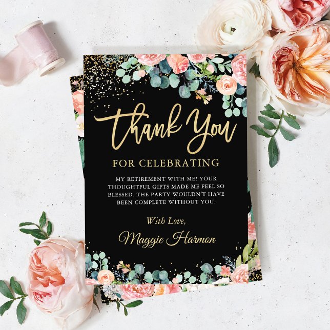 Chic Gold Coral Floral Surprise Retirement Party Dankeskarte (Von Creator hochgeladen)