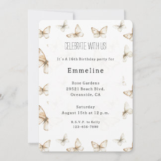 Chic Gold Cream White Butterflies Birthday Einladung