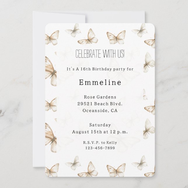 Chic Gold Cream White Butterflies Birthday Einladung (Vorderseite)