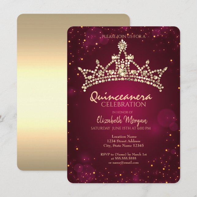 Chic Gold Crown Burgundy Quinceañera Einladung (Vorne/Hinten)