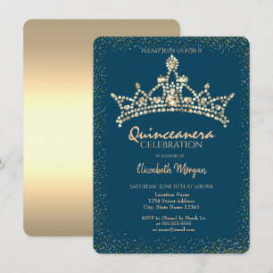 Chic Gold Diamanten Krone Blau Quinceañera  Einladung
