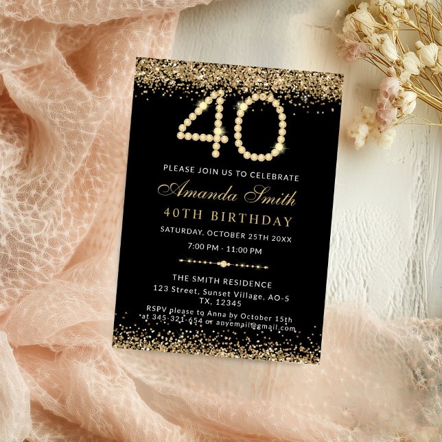 Chic Gold Diamonds 40th Birthday Party Invitation Einladung (Gold Diamond 40th Birthday Party Invitation)