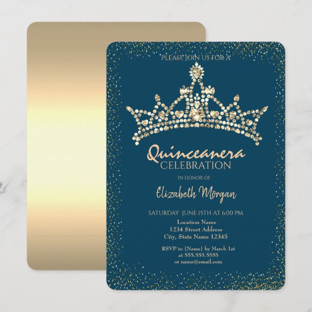 Chic Gold Diamonds Crown Blue Quinceañera Einladung (Vorne/Hinten)