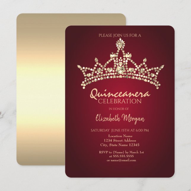 Chic Gold Diamonds Crown Burgundy Quinceañera Einladung (Vorne/Hinten)