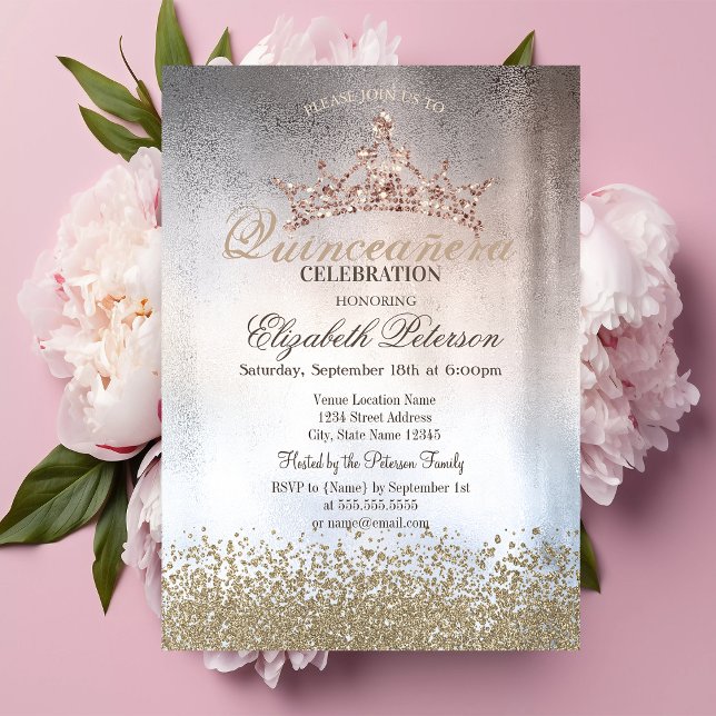 Chic Gold Diamonds, Tiara Metallic Quinceañera Einladung (Von Creator hochgeladen)