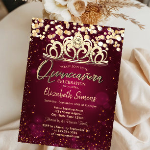 Chic Gold Dots, Tiara Burgundy Quinceañera Einladung