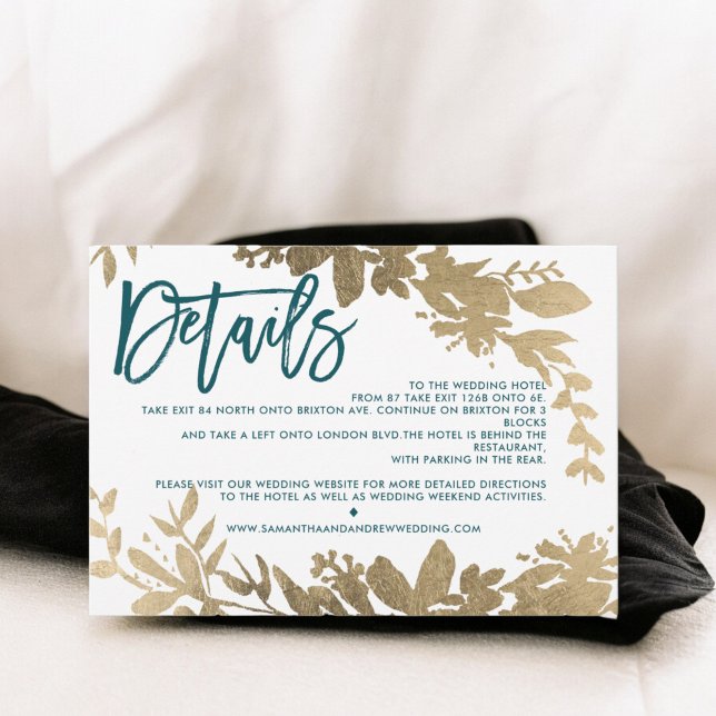 Chic gold Drehbuch Floral aquamarine Hochzeitsrich Einladung (Chic gold script Floral teal wedding direction Invitation)