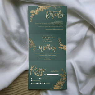 Chic Gold Drehbuch Floral Blatt elegante Hochzeit Dreifach Gefaltete Einladung