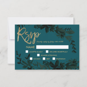Chic gold Drehbuch Floral dunkelgrüne uAwg Hochzei RSVP Karte