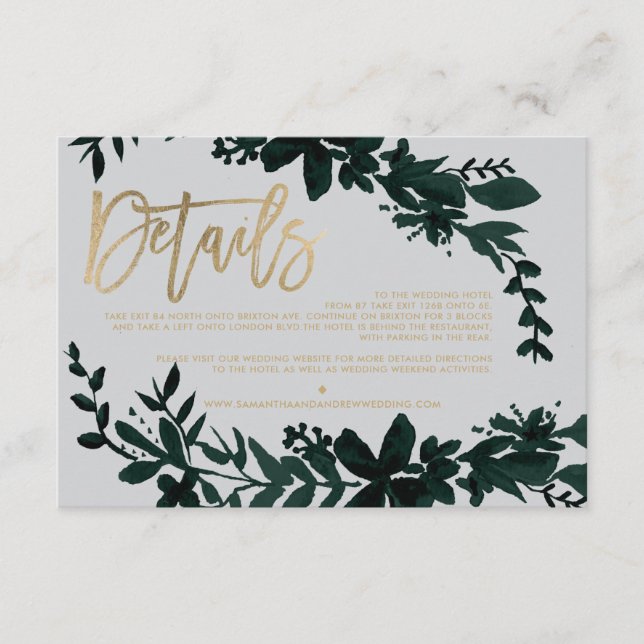 Chic gold Drehbuch Floral Gray Hochzeitrichtung Begleitkarte (Vorderseite)