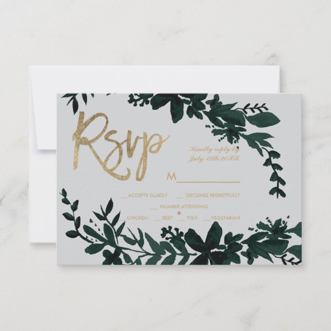 Chic gold Drehbuch Floral Grey uAwg Hochzeit RSVP Karte (Vorderseite)