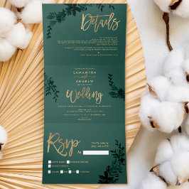 Chic Gold Drehbuch Floral Grün elegante Hochzeit Dreifach Gefaltete Einladung