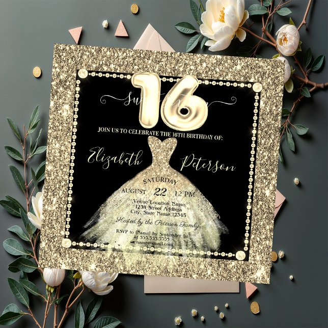 Chic Gold Dress Glitzer Sweet 16 Einladung (Von Creator hochgeladen)
