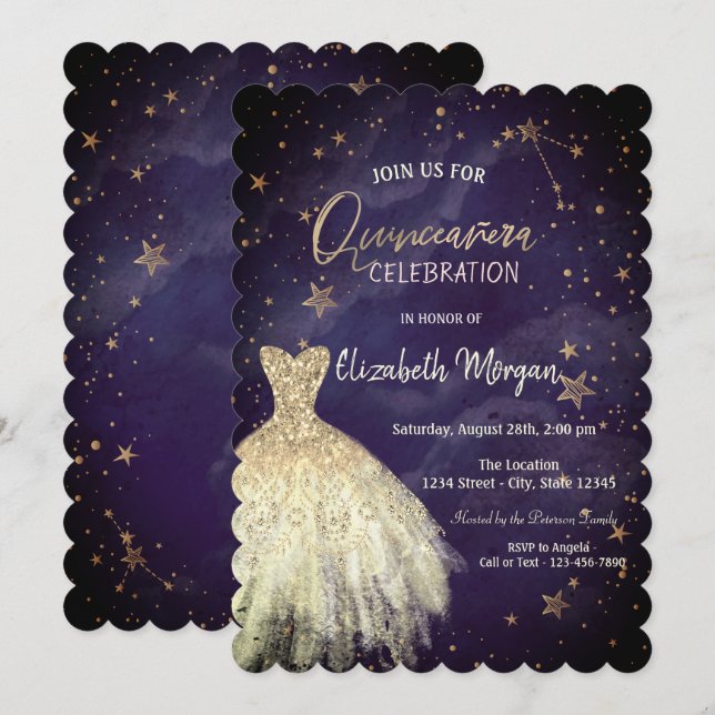 Chic Gold Dress Stars Galaxy Quinceañera Einladung (Vorne/Hinten)
