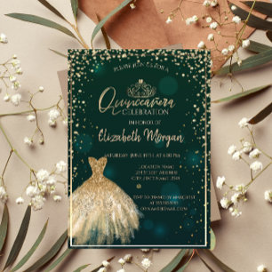 Chic Gold Dress Tiara, Diamonds Green Quinceañera Einladung