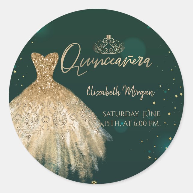 Chic Gold Dress Tiara, Diamonds Green Quinceañera Runder Aufkleber (Vorderseite)