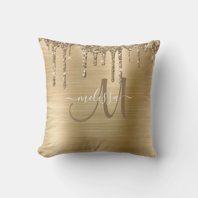 Chic Gold Dripping Glitzer Brushed Metal Monogram Kissen (Vorderseite)