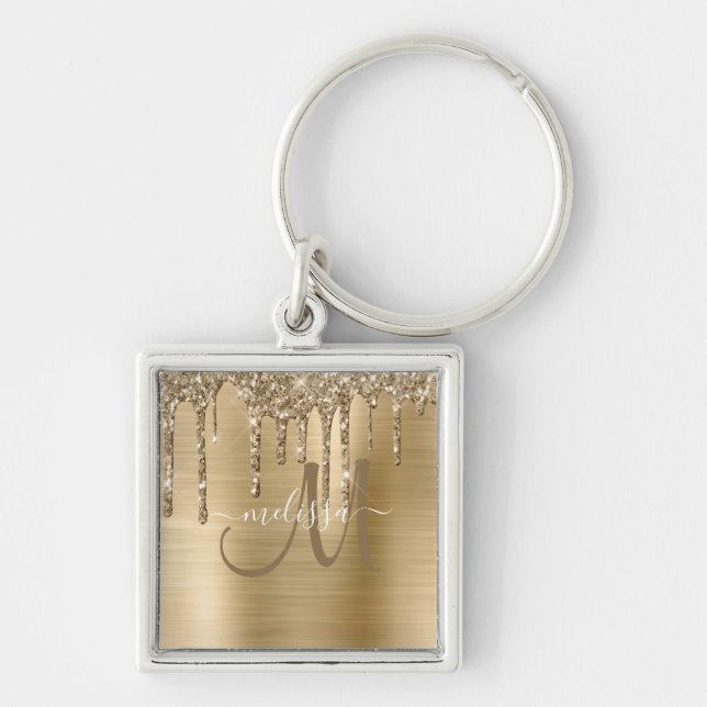 Chic Gold Dripping Glitzer Brushed Metal Monogram Schlüsselanhänger (Vorne)