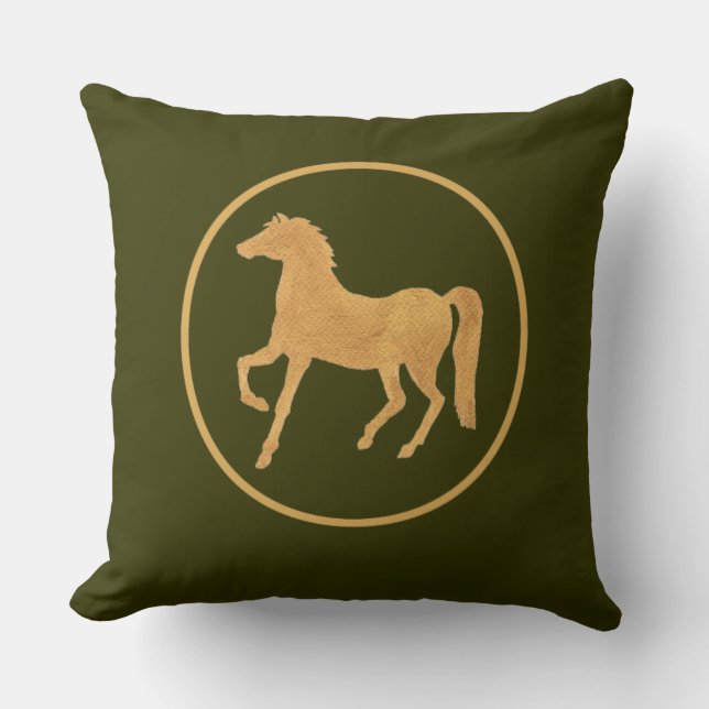 Chic Gold-Effekt-Pferd auf Dunkelmossy Green Kissen (Vorderseite)