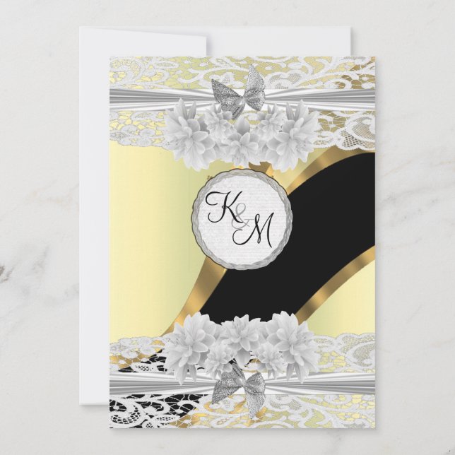 Chic gold elegante weiße Spitzen Monogramm Hochzei Einladung (Rückseite)