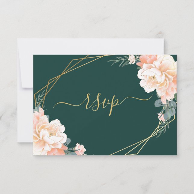Chic Gold Emerald Green Blush Peach Floral Wedding RSVP Karte (Vorderseite)