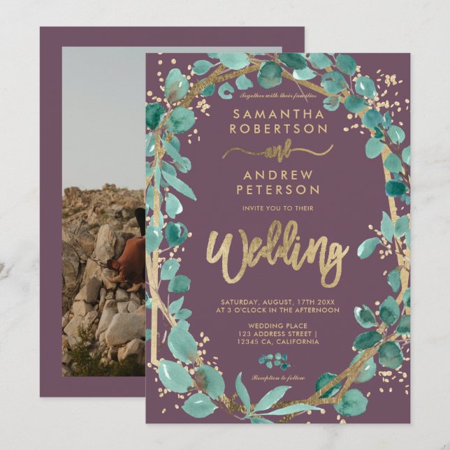 Chic gold eucalyptus lila Foto Hochzeit Einladung (Vorne/Hinten)