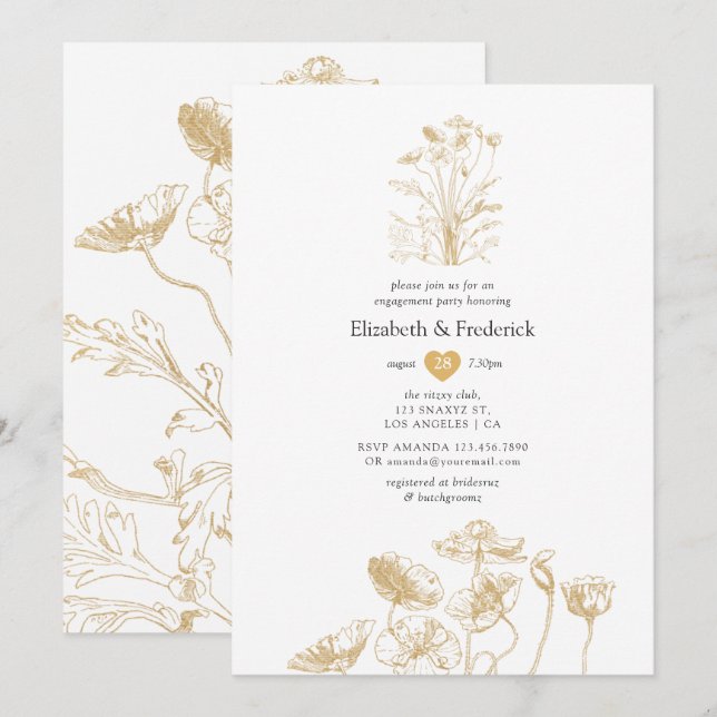 Chic Gold Floral Engagement Party Einladung (Vorne/Hinten)