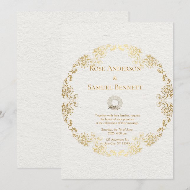 Chic Gold Floral Faire-part de mariage (Devant / Derrière)