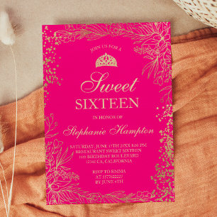 Chic gold floral neon pink Tiara chic Sweet 16 Einladung