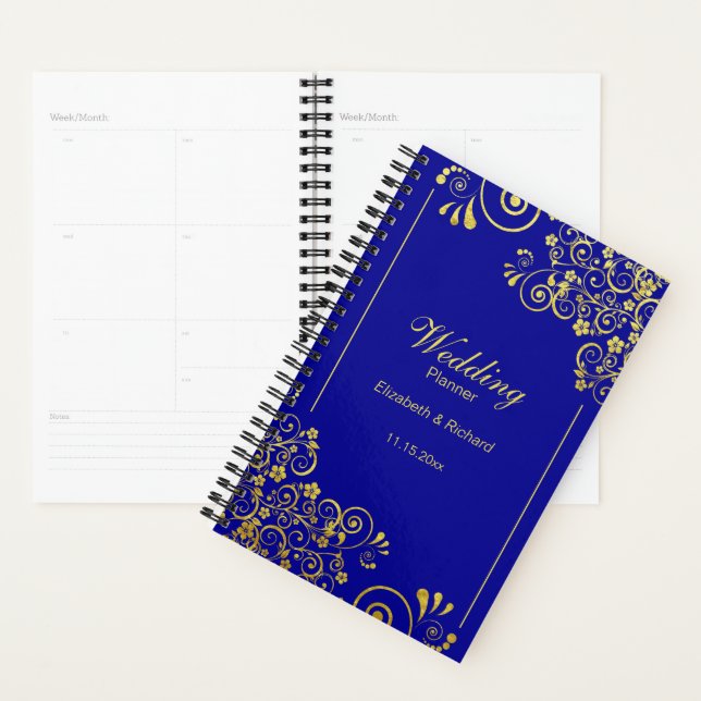Chic Gold Floral Wirbel Navy Blue Wedding Planer (Anzeige)