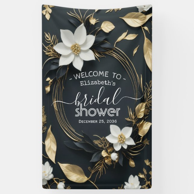 Chic Gold Floral Wreath Brautparty Begrüßungszeich Banner (Vertikal)