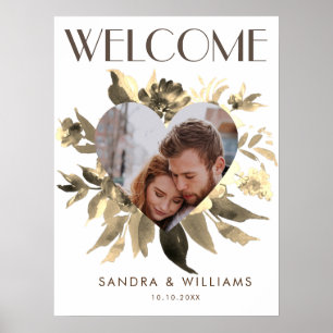 Chic Gold Floral Wreath Heath Foto Willkommen Poster