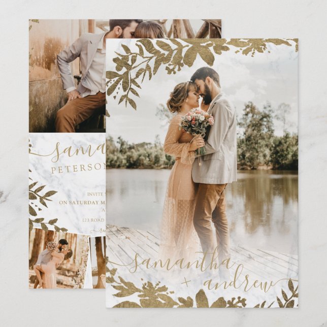 Chic gold florale Marmor Drehbuch 5 Fotos Hochzeit Einladung (Vorne/Hinten)