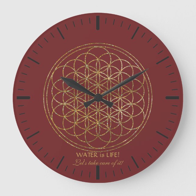 chic Gold Flower of Life WATER is LIFE Große Wanduhr (Vorderseite)