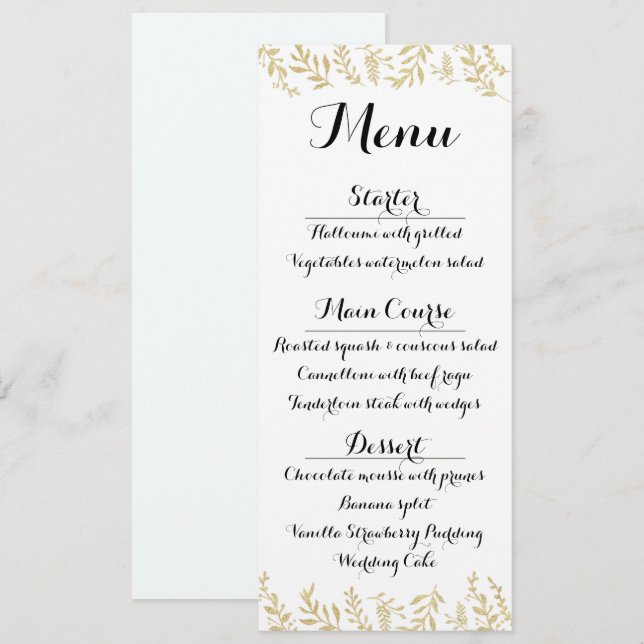 Chic Gold Foil Blätter Empfang Menu Card Einladung (Vorne/Hinten)