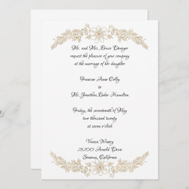 Chic Gold Foil Bloral Wedding Einladung (Vorne/Hinten)