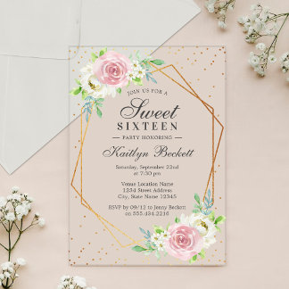 Chic Gold Foil Floral Sweet 16 Geburtstag Acryleinladungen