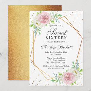 Chic Gold Foil Floral Sweet 16 Geburtstag Einladung