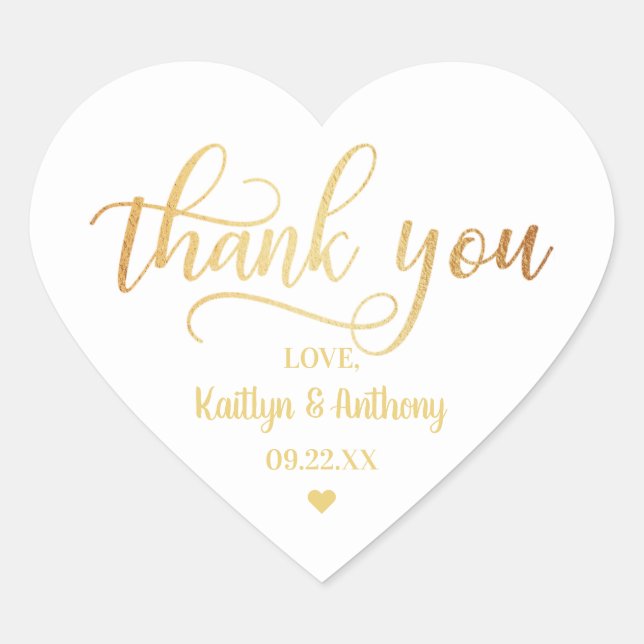 Chic Gold Foil Wedding Vielen Dank Herz-Aufkleber (Vorderseite)