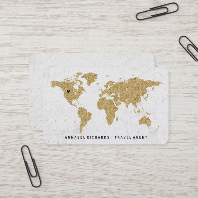 Chic Gold Foil World Map Travel Agency oder Blogge Visitenkarte (Vorderseite/Rückseite Beispiel)