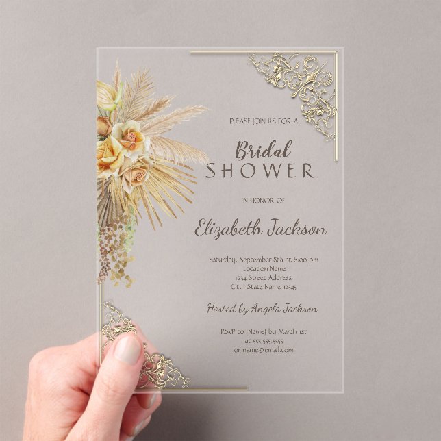 Chic Gold Frame Boho Blume Brautparty Acryleinladungen (Insitu (Handheld))