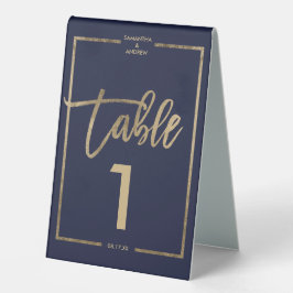 Chic gold frame script navy blue table number tischaufsteller 