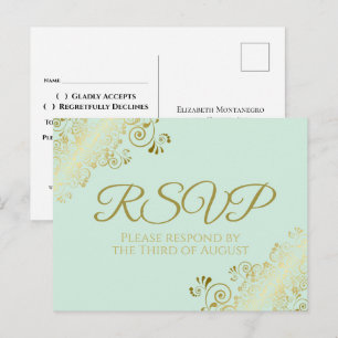 Chic Gold Frills on Neo Mint Green Wedding RSVP Postkarte