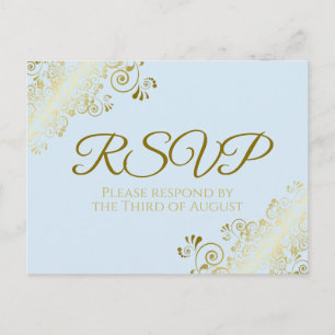 Chic Gold Frills on Powder Blue Wedding RSVP Postkarte