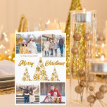 Chic Gold Frohe Weihnachtsbaumen Foto Collage Feiertagskarte<br><div class="desc">Eine schicke goldene Weihnachtskarte mit Ihrer Foto-Kollektion rund um einen schönen Baum aus goldenen Schneeflocken mit Fröhlicher Weihnachten und Happy New Year auf der Vorderseite in kursiv. Personalisieren Sie mit Ihren 4 Lieblings-Kinder-Fotos auf der Vorderseite und ein volles vertikales Foto auf der Innenseite verlassen dieser trendigen Schneeflocke-Urlaubskarte. Passen Sie Ihre...</div>