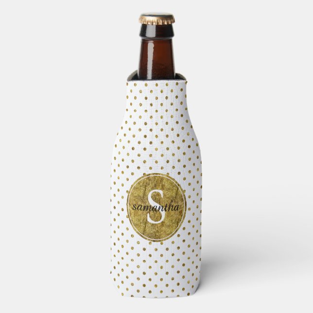 Chic Gold Glam Dots Monogram Flaschenkühler (Flaschenvorderseite)